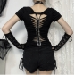 Square Neck Printed Backless Hollow Short Sleeve T-shirt Women's Dark Gothic Style Punk Fashion Slim Fit Tops Women